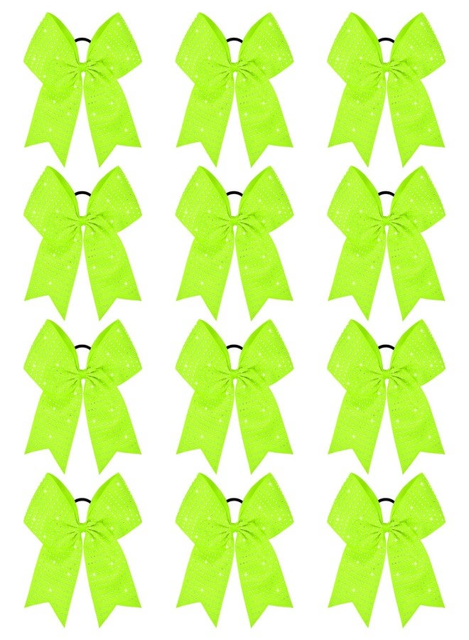 CEELGON 12 PCS Neon Green Glitter Cheer Bows Large 8” Full Rhinestones Shiny Cheer Bow Elastic Hair Tie Bows for Teens Girls Softball Competition Sports Cheerleaders (Neon Green) - Image 1
